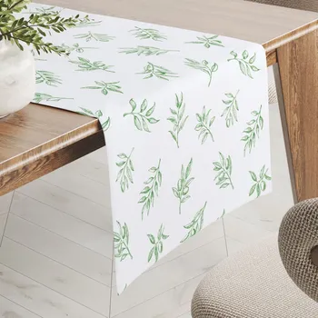 ubrus Teflonový běhoun na stůl TF-113 Zelené olivové větvičky na bílém 20x140 cm