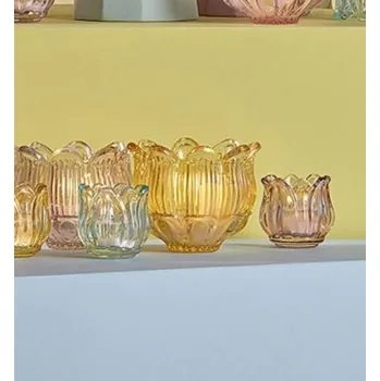 Svícen Skleněný svícen na čajovou svíčku ve tvaru tulipánu 1ks, 10x12,5 cm - Žlutá