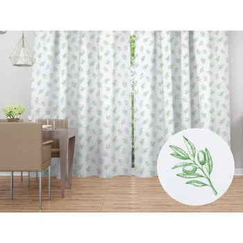 ubrus Dekorační závěs TF-113 Zelené olivové větvičky na bílém 140x140 cm