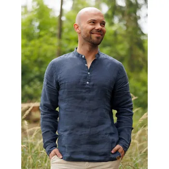 Pánská lněná polokošile - modrá Tmavě modrá S