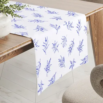 ubrus Teflonový běhoun na stůl TF-114 Modré olivové větvičky na bílém 20x120 cm