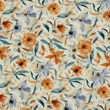 Galanterie Viskoza Terra květy, petrolej listy (E) (Kvalitní viskoza z Německa)