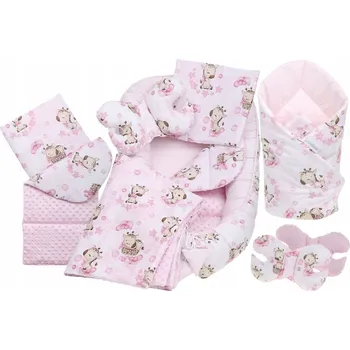 Povlečení Oboustranné hnízdečko (kokon) pro miminko - BABYMAM PREMIUM set 7v1 - Růžová žirafa se světlerůžovou minky