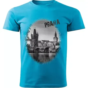 Pánské tričko tričko s městem Praha Karlův most tyrkysové 4XL (tričko s městem , Karlův most , Praha )
