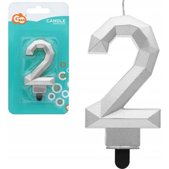 Dortová svíčka STŘÍBRNÁ SVÍČKA ČÍSLICE 2 Diamant metalická 7,6 cm GODAN NAROZENINOVÉ SVÍČKY