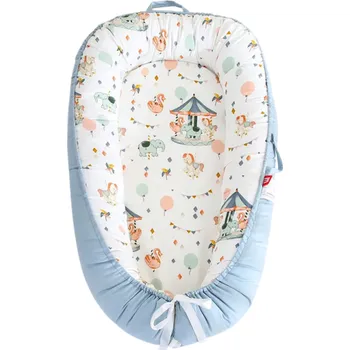 Hnízdečko pro miminko Dětské hnízdo 88 x 53 x 30 x 68 cm Bavlněné modré lehátko pro novorozence Spací hnízdečko Přenosná postýlka Vzor zvířátkový kolotoč