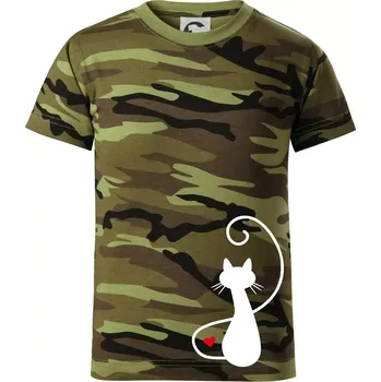 Zamilovaná kočka zpředu - Dětské maskáčové triko - 104-110cm / 3-4 roky ( Zelený maskáč )