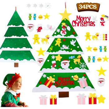 Vánoční dekorace PLSTĚNÝ VÁNOČNÍ STROMEK S OZDOBAMI XXL NA VÁNOCE 34 KS SUCHÝCH ZIPŮ PRO DĚTI zelená