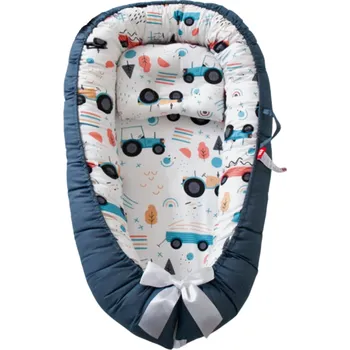 Hnízdečko pro miminko Dětské hnízdo 88 x 53 x 30 x 68 cm Tmavě modré bavlněné lehátko pro novorozence Přenosná postýlka Spací hnízdečko se vzorem traktorů