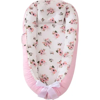 Hnízdečko pro miminko Dětské hnízdo 88 x 53 x 30 x 68 cm Růžové bavlněné lehátko pro novorozence Přenosná postýlka Spací hnízdečko se vzorem květin do postele