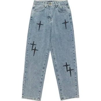 Pánské džíny Pánské modré džíny s černou výšivkou hvězd Ležérní rovné kalhoty Široké dlouhé nohavice Volné pohodlné rifle Streetwear styl S