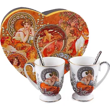 Přátelská souprava Alfons Mucha v srdci světlý - 2 x hrnek 280 ml se lžičkou