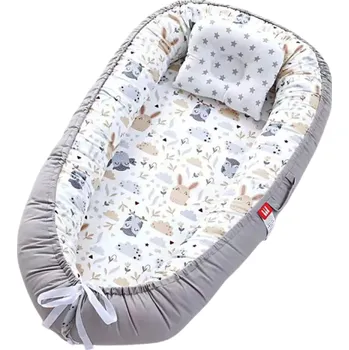 Hnízdečko pro miminko Dětské hnízdo 88 x 53 x 30 x 68 cm Šedé bavlněné lehátko pro novorozence Přenosná postýlka Hnízdečko do postele se vzorem soviček