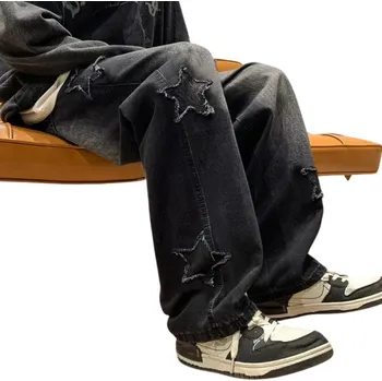 Pánské džíny Pánské volné džíny s výšivkou hvězd Ležérní kalhoty Rovný střih Široké dlouhé nohavice Stylové rifle Streetwear pohodlné džíny černá XS
