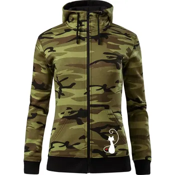 Dámská mikina Zamilovaná kočka zpředu - Dámská mikina trendy zipper s kapucí - S ( Zelený maskáč )