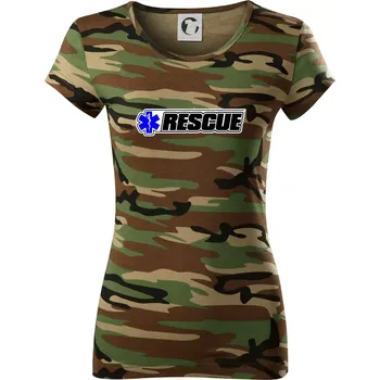 Dámské tričko Záchranář rescue kříž modrý - Dámské maskáčové triko - L ( Hnědý maskáč )