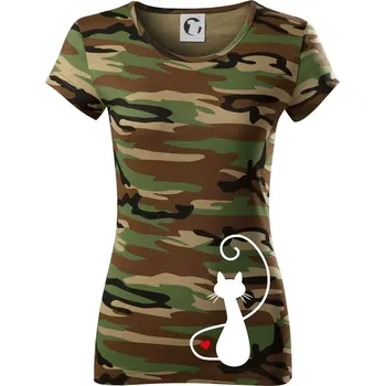 Zamilovaná kočka zpředu - Dámské maskáčové triko - M ( Hnědý maskáč )