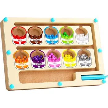 Dřevěná hračka Magnetické dřevěné bludiště 23 x 16 cm Hra pro děti s korálky a tyčinkou Motorická hračka Vzdělávací pomůcka Třídění barev