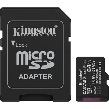 Paměťová karta Kingston MicroSDXC karta 64GB Canvas Select Plus, U1, V10, A1, SD Adaptér