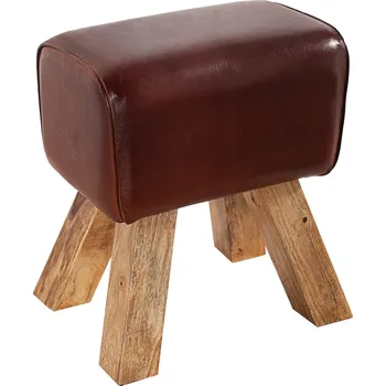 Taburet Venkovská obdélníková taburetka Bock s pravým koženým červeno hnědým potahem a masivními dřevěnými nožičkami 45 cm