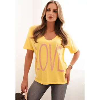 Dámská halenka Kesi Dámská bavlněná blůza s výstřihem do V a potiskem LOVE žlutá Kesi žlutá | růžová 3376690