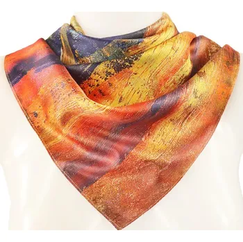 Šátek Dámský oboustranný šátek letuška RR30553 s potiskem malby- Dům za stromy a Západ slunce nad jezerem