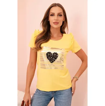 Dámská halenka Kesi Dámská bavlněná blůza s volánkem a srdcem z kamínků žlutá Kesi šedá | žlutá | vícebarevná 3376163