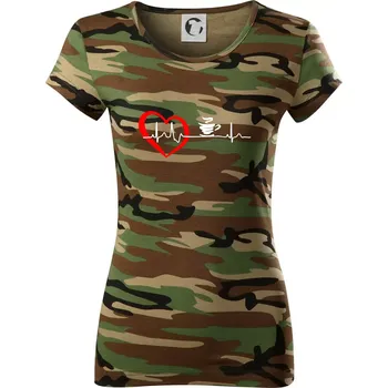 Dámské tričko Moje srdce bije pro kávu - Dámské maskáčové triko - XS ( Hnědý maskáč )