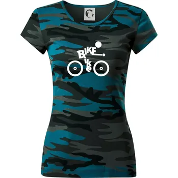 Dámské oblečení Bike nápis postava - Dámské maskáčové triko - S ( Petrolejová maskáč )