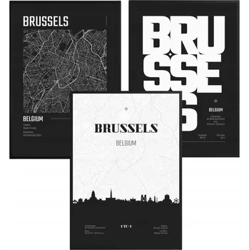 Obraz Sada Plakátů Brusel Brussels Mapa Černobílé Moderní S Rámy