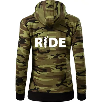 Dámská mikina Ride - nápis s cyklistou - Dámská mikina trendy zipper s kapucí - S ( Zelený maskáč )