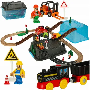 Vláček a vláčkodráha Dřevěná vláčkodráha s lokomotivou a staveništěm, 55 dílů