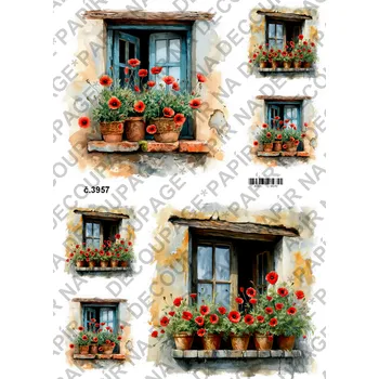 Umělecký papír Rýžový a soft papír na decoupage - Okno s vlčím mákem - KB03957 Materiál: Soft, Rozměr: A4