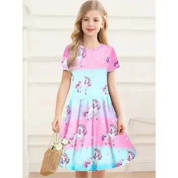 Dívčí šaty Unicorn (Jednorožci) Dívčí letní šaty "jednorožec" s krátkým rukávem - růžovo modré Velikost: 130