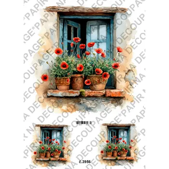 Umělecký papír Rýžový a soft papír na decoupage - Okno s vlčím mákem - KB03956 Materiál: Soft, Rozměr: A4