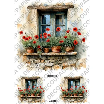 Umělecký papír Rýžový a soft papír na decoupage - Okno s vlčím mákem - KB03948 Materiál: Soft, Rozměr: A4