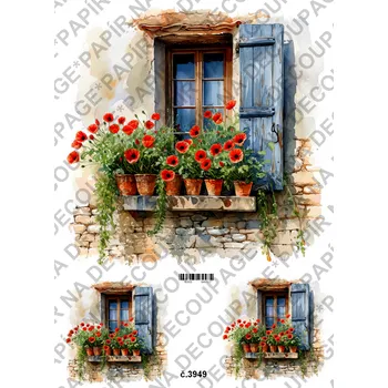 Umělecký papír Rýžový a soft papír na decoupage - Okno s vlčím mákem - KB03949 Materiál: Soft, Rozměr: A4
