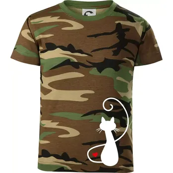 Zamilovaná kočka zpředu - Dětské maskáčové triko - 104-110cm / 3-4 roky ( Hnědý maskáč )