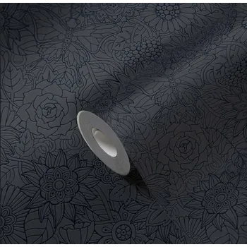 Tapeta Tapety černá matná tapeta s kresbou květin s jemným leskem