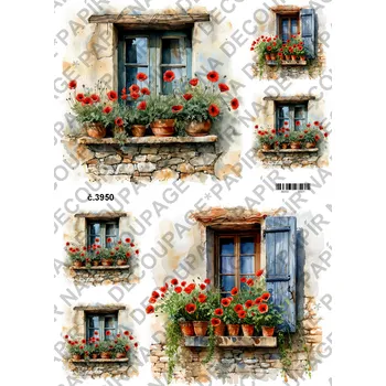 Umělecký papír Rýžový a soft papír na decoupage - Okno s vlčím mákem - KB03950 Materiál: Soft, Rozměr: A4