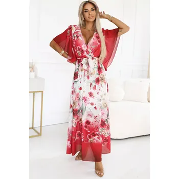 Dámské šaty 603-1 Vzdušné maxi šaty s obálkovým výstřihem a květinovým vzorem - RED ROSES UNI