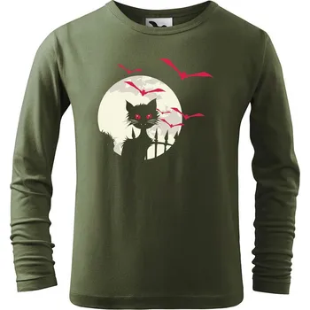 Dětská móda DOBRÝ TRIKO Dětské bavlněné triko Kočka a netopýři Velikost: 146/10 let, Barva: Khaki