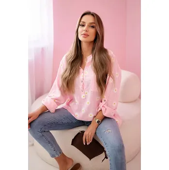 Dámská halenka Lněná dámská halenka s květinovým vzorem, dlouhými rukávy a knoflíky Cukrová růžová UNI