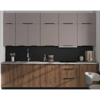 Kuchyňská linka Kuchyňská linka Arona / Monza, sestava D, 300 cm kašmír / černá matná / ořech okapi