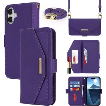 Pouzdro na mobilní telefon Flipové pouzdro s popruhem ve stylu psaníčka pro iPhone 16 Plus - fialové