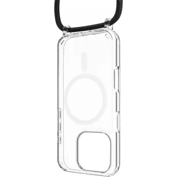 Pouzdro na mobilní telefon Pouzdro FIXED MagPure Neck s černou šňůrkou na krk pro Apple iPhone 16 Pro
