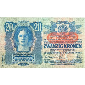 Deutsch-Österreich. 20 Kronen 1913. II vydání. Přetisk pod orlicí.