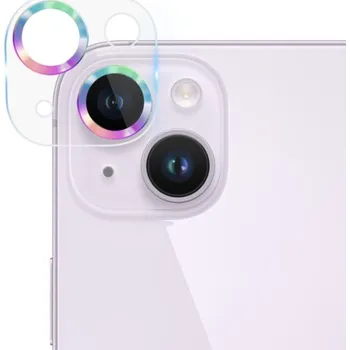 Tvrzené sklo s kovovými rámečky k ochraně čoček fotoaparátu pro iPhone 14 / 14 Plus - duhové
