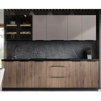 Kuchyňská linka Kuchyňská linka Arona / Monza, sestava E, 260 cm, kašmír /ořech okapi/ černá matná
