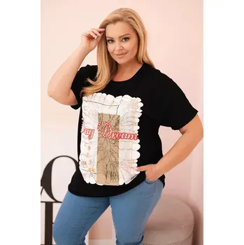 Dámská halenka Dámská bavlněná halenka Plus Size s potiskem „Day Dream“ černá + camel UNI
